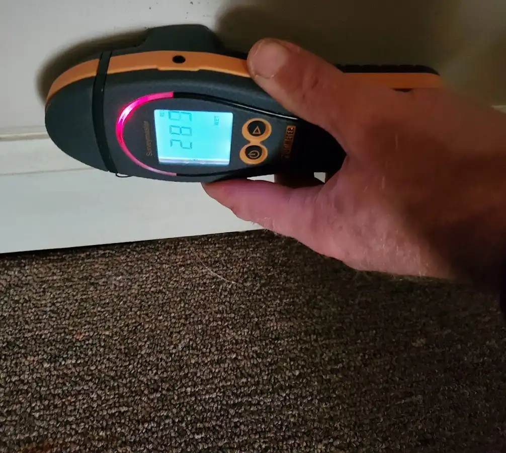 Moisture detection at baseboard during Storm Damage Restoration in Ridley Park